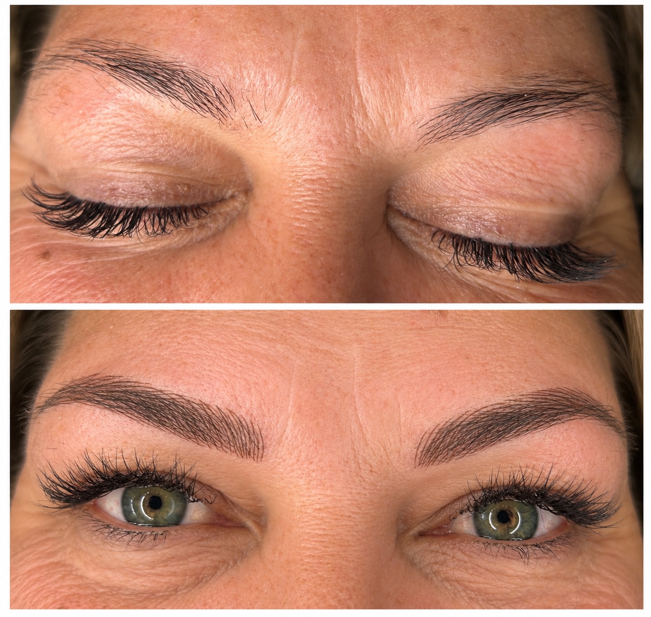Before and after eyebrow comparison with the original upper image and defined brows in the lower image