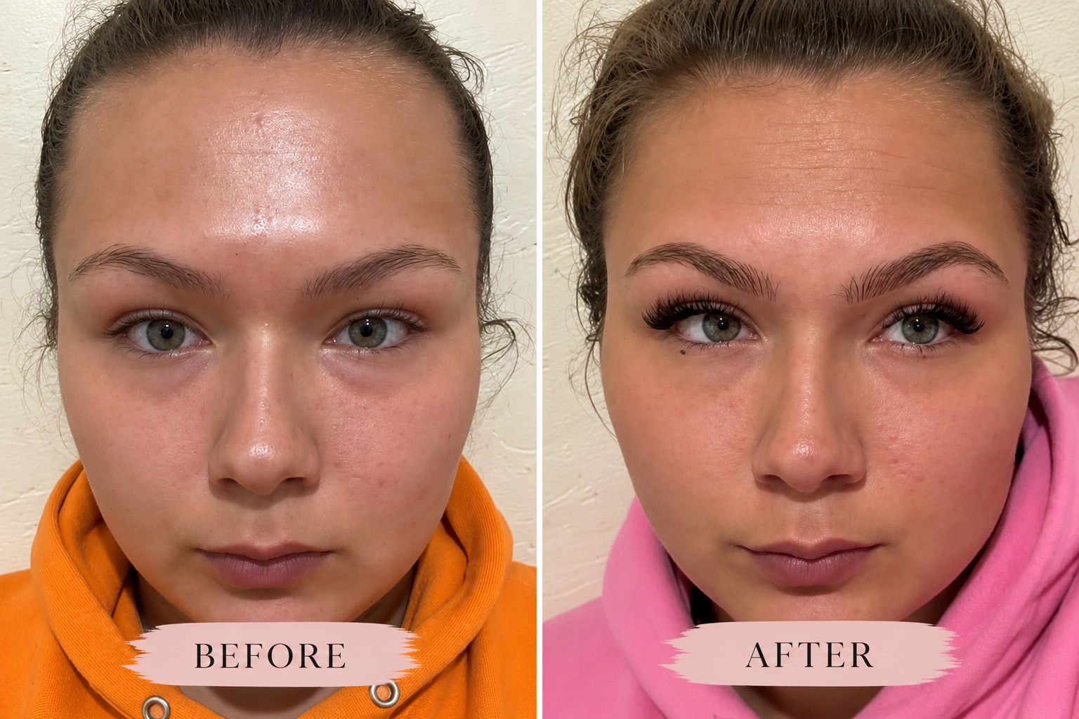 Before and after comparison of a client’s eyebrow appearance