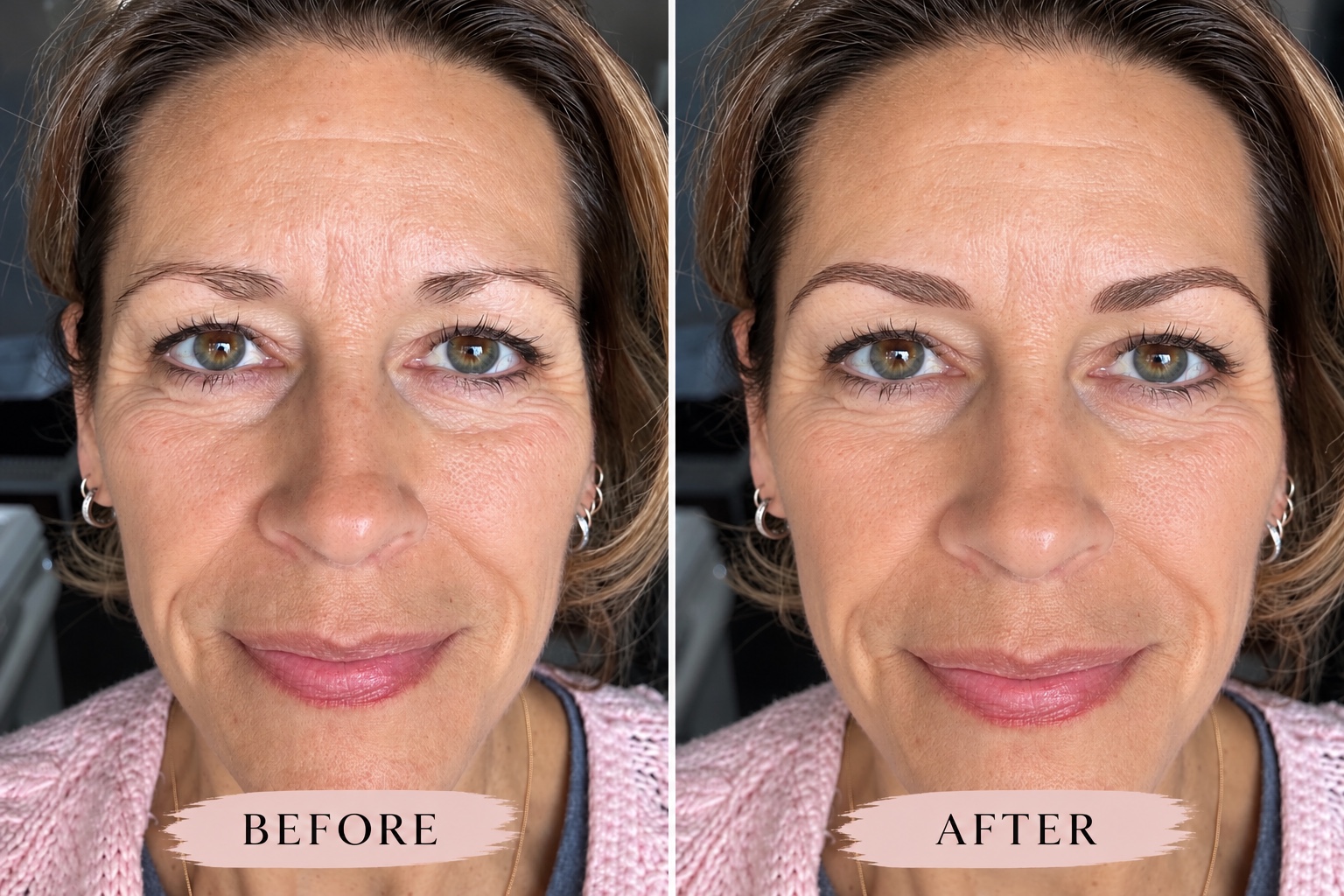 Before and after comparison showing a client’s eyebrow shape and definition